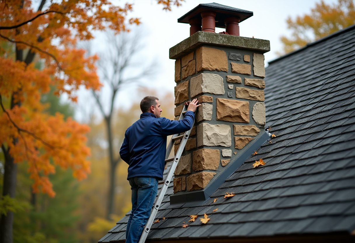 Technician inspecting a fieldstone chimney from a ladder — Tacoma